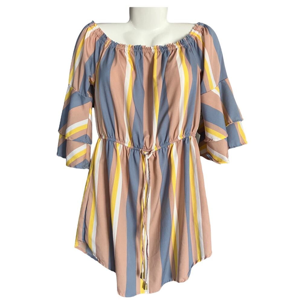 Hint of Blush Women's Pastel Multi Off-the-Shoulder Flair Sleeve Sun Dress SZ L